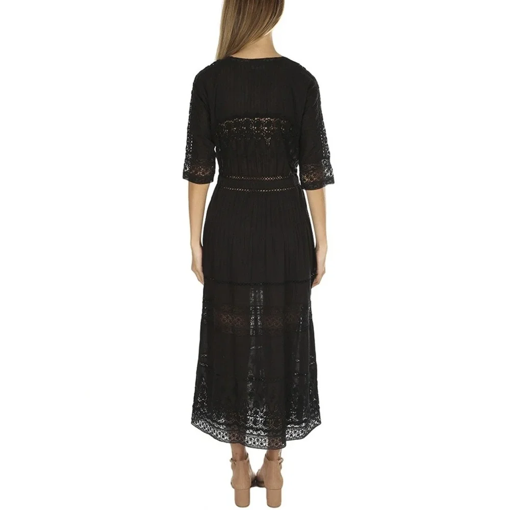 LoveShackFancy Dress‎ Womens Small Black Boho Crochet Lace Midi Button Front LSF